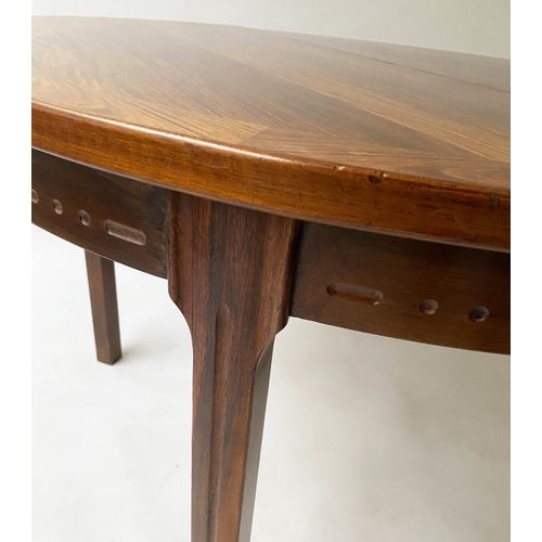 602 - EXTENDING DINING TABLE, 1970s exotic teak, rounded with two additional leaves, 73cm H x 115cm W x 19... 