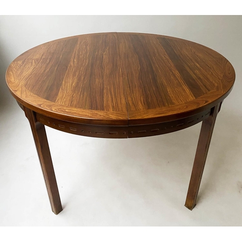 602 - EXTENDING DINING TABLE, 1970s exotic teak, rounded with two additional leaves, 73cm H x 115cm W x 19... 