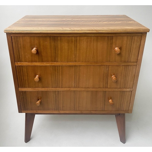 604 - CHEST, 80cm W x 47cm D x 85cm H, 1960s Indian Laurel with three long drawers.