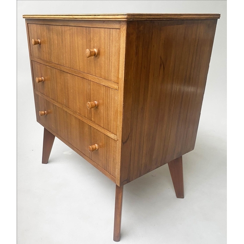 604 - CHEST, 80cm W x 47cm D x 85cm H, 1960s Indian Laurel with three long drawers.