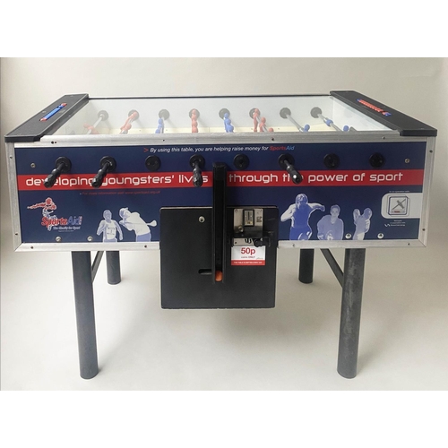 605 - TABLE FOOTBALL, 146cm W x 96cm H x 76cm D, 1990s red white and blue, Sports Aid model.