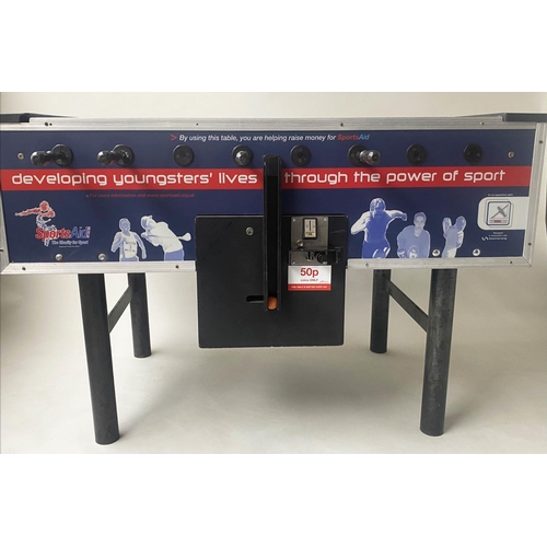 605 - TABLE FOOTBALL, 146cm W x 96cm H x 76cm D, 1990s red white and blue, Sports Aid model.