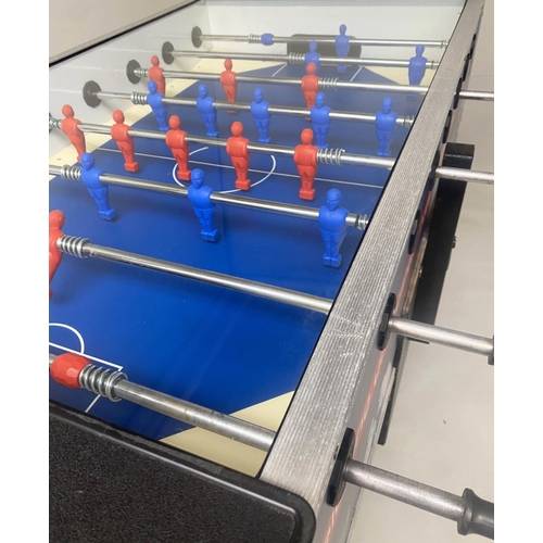 605 - TABLE FOOTBALL, 146cm W x 96cm H x 76cm D, 1990s red white and blue, Sports Aid model.