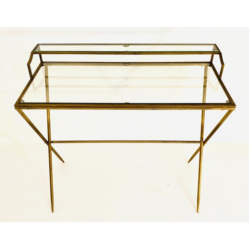 588 - DESK, Maison Jansen style, 87cm H x 95cm W x 42cm D, gilt metal, glass top.