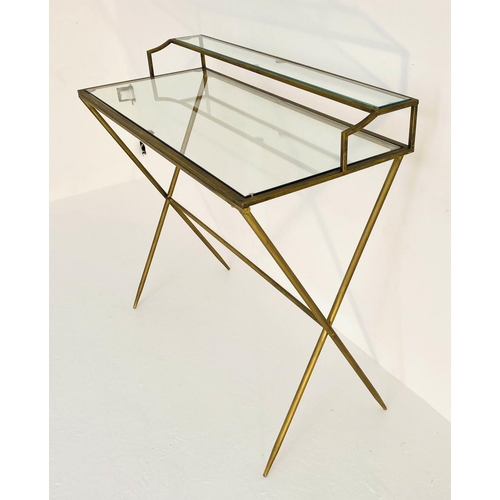 588 - DESK, Maison Jansen style, 87cm H x 95cm W x 42cm D, gilt metal, glass top.