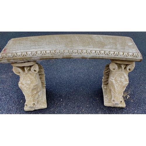 591 - ARCHITECTURAL GARDEN BENCH, 115cm W, composite stone, stallion head supports.