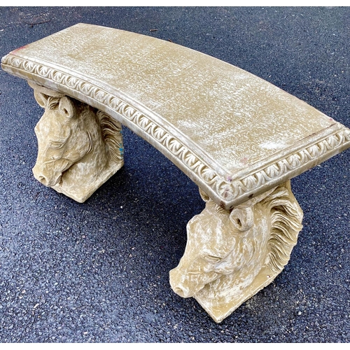 591 - ARCHITECTURAL GARDEN BENCH, 115cm W, composite stone, stallion head supports.