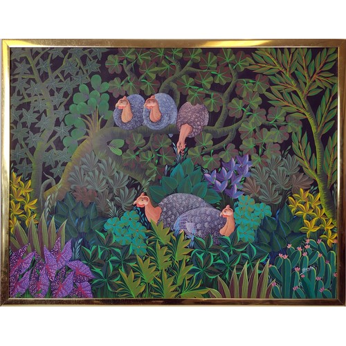 41 - JEAN JOSLIN (Contemporary Dominican) 'Jungle with Guinea Fowl', oil on canvas, 59.5cm x 79.5cm, fram... 