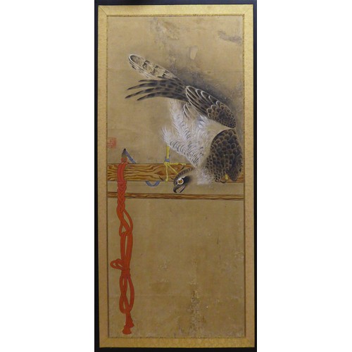 JAPANESE SCHOOL 'Hawks', a pair of watercolours on paper, laid on board, 93cm x 38cm each, framed. (2)