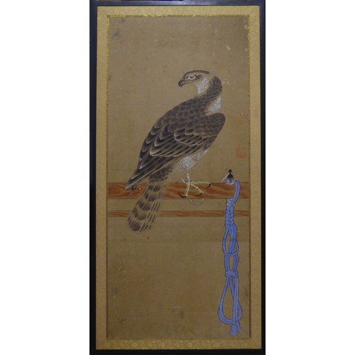 82 - JAPANESE SCHOOL 'Hawks', a pair of watercolours on paper, laid on board, 93cm x 38cm each, framed. (... 