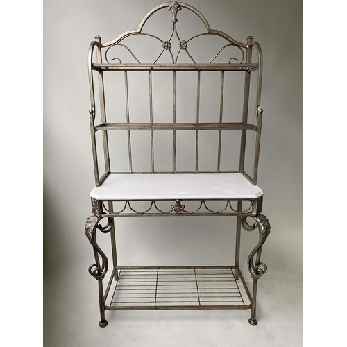 608 - BAKERS RACK, Spanish style wrought iron with scroll supports and slatted shelves, 100cm W x 50cm D x... 