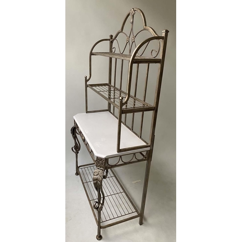 608 - BAKERS RACK, Spanish style wrought iron with scroll supports and slatted shelves, 100cm W x 50cm D x... 