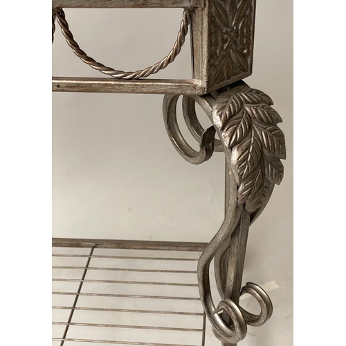 608 - BAKERS RACK, Spanish style wrought iron with scroll supports and slatted shelves, 100cm W x 50cm D x... 