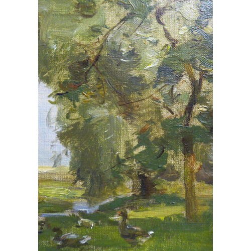 92 - MILLER FRAZER RSA (British, 1864 – 1961) 'Landscape with Geese in East Lothian', oil on canvas, sign... 