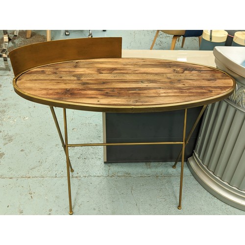 579 - WRITING TABLE, 89cm H x 100cm W x 45cm D, oval form gilt metal frame, natural pine plank top