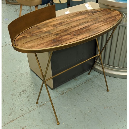 579 - WRITING TABLE, 89cm H x 100cm W x 45cm D, oval form gilt metal frame, natural pine plank top