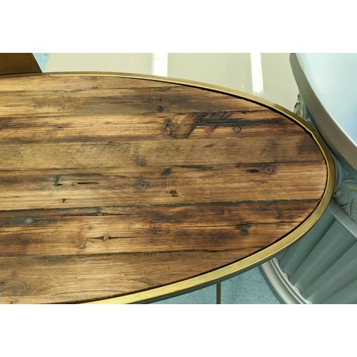 579 - WRITING TABLE, 89cm H x 100cm W x 45cm D, oval form gilt metal frame, natural pine plank top