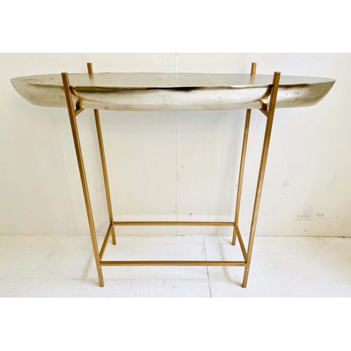 513 - CONSOLE TABLE, gilt metal base with polished metal barge top, 74x91x24.