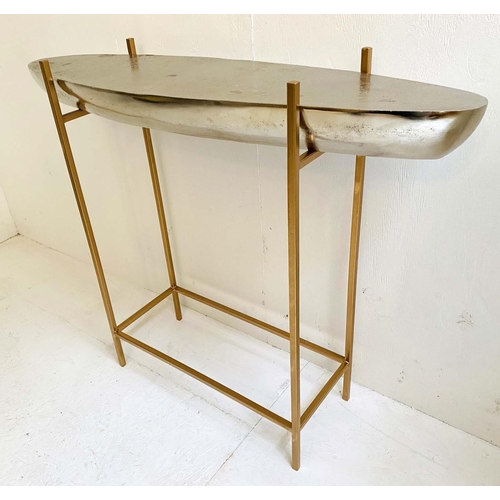 513 - CONSOLE TABLE, gilt metal base with polished metal barge top, 74x91x24.