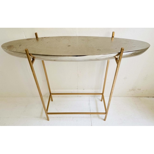 513 - CONSOLE TABLE, gilt metal base with polished metal barge top, 74x91x24.