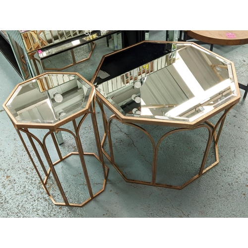 503 - LOW TABLE AND SIDE TABLE, largest 90cm diam. x 51cm H, 1950's French style, gilt metal and mirror. (... 