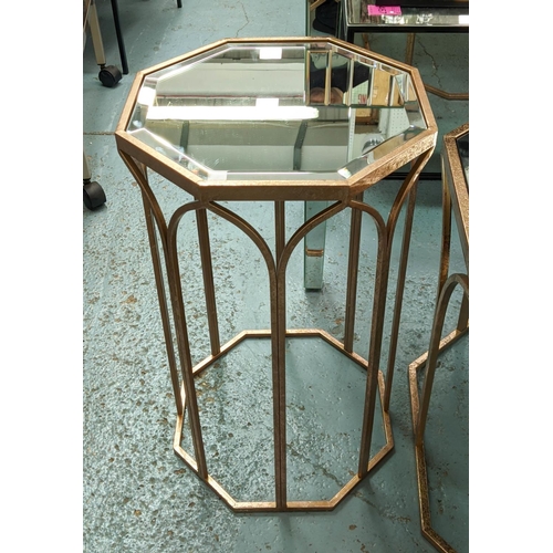 503 - LOW TABLE AND SIDE TABLE, largest 90cm diam. x 51cm H, 1950's French style, gilt metal and mirror. (... 