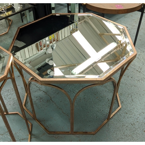 503 - LOW TABLE AND SIDE TABLE, largest 90cm diam. x 51cm H, 1950's French style, gilt metal and mirror. (... 