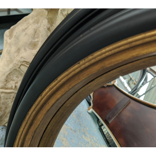 504 - CONVEX BUTLER WALL MIRRORS, a pair, 65cm diam., Regency style, black and gilt framed. (2)