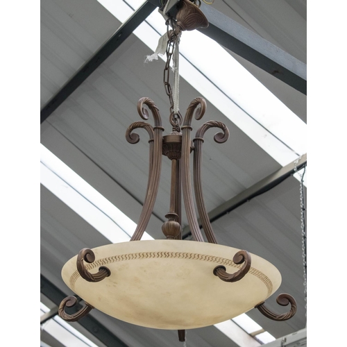 500 - HANGING CEILING LIGHT, 74cm D x approx. 100m H including chain, bronzed metal and alabaster, with si... 