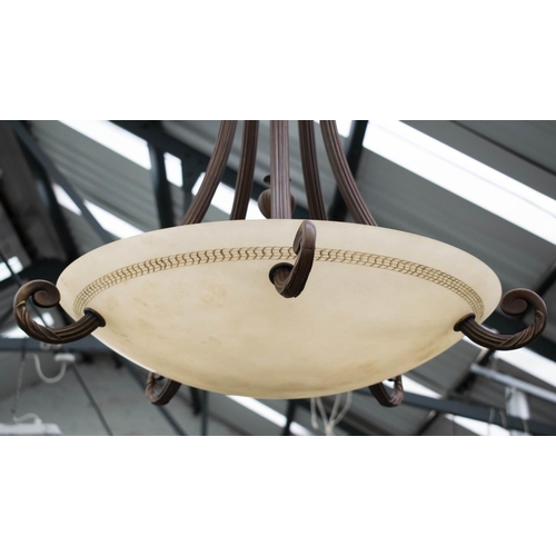 500 - HANGING CEILING LIGHT, 74cm D x approx. 100m H including chain, bronzed metal and alabaster, with si... 