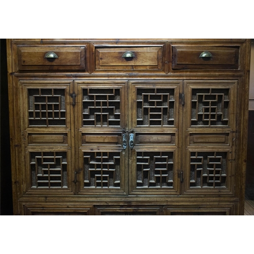 543 - SHANGHAI CABINET, 238cm W x 133cm H x 58cm D, 19th century Chinese firwood, with four doors, three d... 