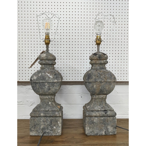 540 - TABLE LAMPS, a pair composite stone, moulded detail, 65cm H x 17cm W. (2)