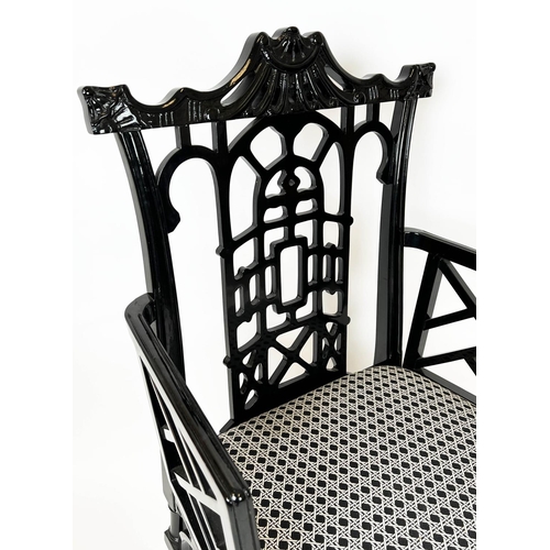 538 - OPEN ARMCHAIRS, a pair, 61cm x 106cm H, Chinese pagoda style, black gloss, Spanish 1960's. (2)