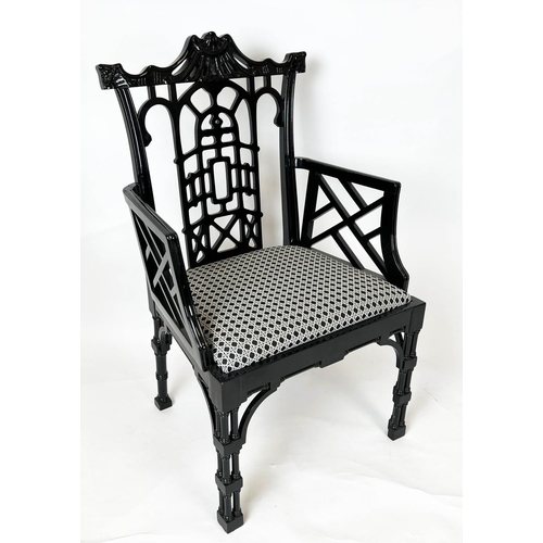 538 - OPEN ARMCHAIRS, a pair, 61cm x 106cm H, Chinese pagoda style, black gloss, Spanish 1960's. (2)