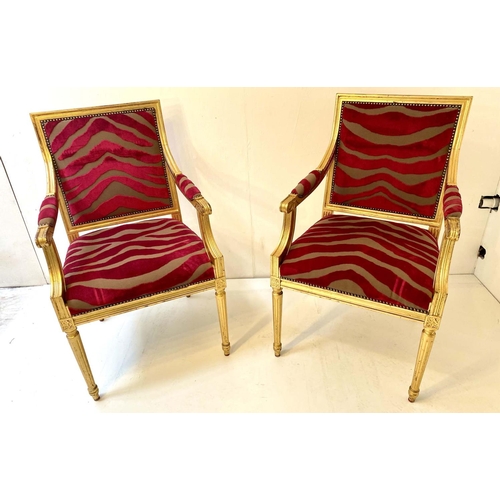 518 - FAUTEUILS, a pair, 98cm high, 59cm wide, 51cm deep, designer red velvet stripe upholstery. (2)