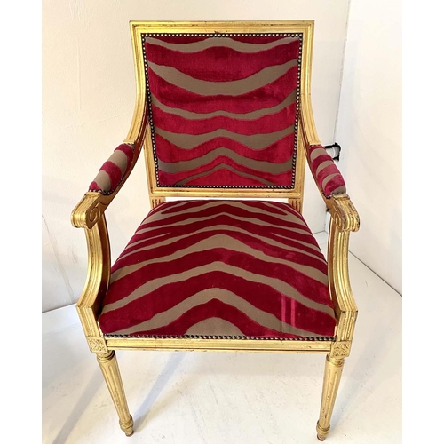 518 - FAUTEUILS, a pair, 98cm high, 59cm wide, 51cm deep, designer red velvet stripe upholstery. (2)