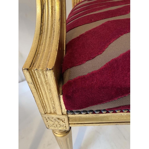 518 - FAUTEUILS, a pair, 98cm high, 59cm wide, 51cm deep, designer red velvet stripe upholstery. (2)