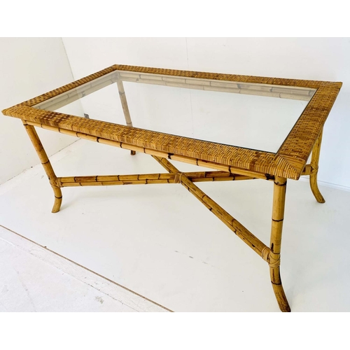 522 - RATTAN AND BAMBOO TABLE, 147cm x 88cm x 71cm, glass inserted top, 1970s Italian style.