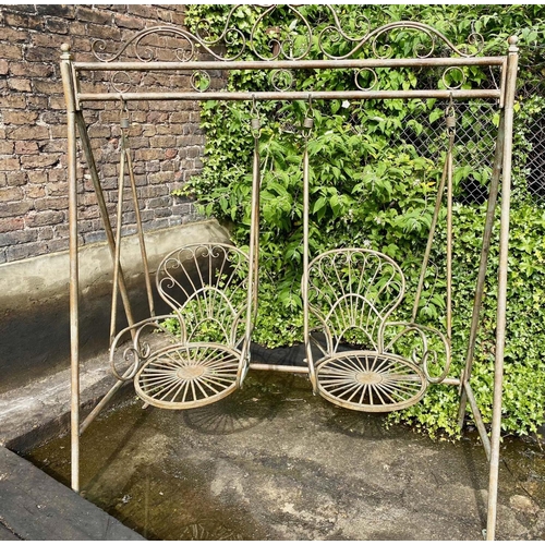 524 - ARCHITECTURAL GARDEN SWING SEAT, Regency style, verdigris metal frame, 228x180x90.