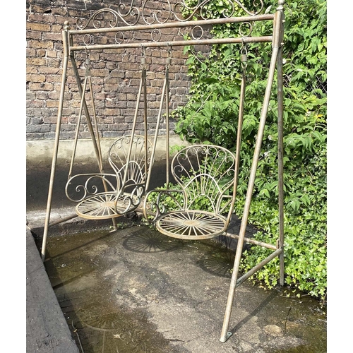 524 - ARCHITECTURAL GARDEN SWING SEAT, Regency style, verdigris metal frame, 228x180x90.