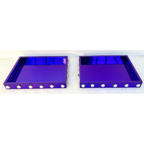 535 - COCKTAILS TRAYS, a pair, 7cm high, 70cm wide, 53cm, electric blue mirrored glass, cabouchon detail. ... 