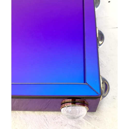 535 - COCKTAILS TRAYS, a pair, 7cm high, 70cm wide, 53cm, electric blue mirrored glass, cabouchon detail. ... 