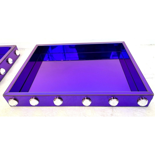 535 - COCKTAILS TRAYS, a pair, 7cm high, 70cm wide, 53cm, electric blue mirrored glass, cabouchon detail. ... 