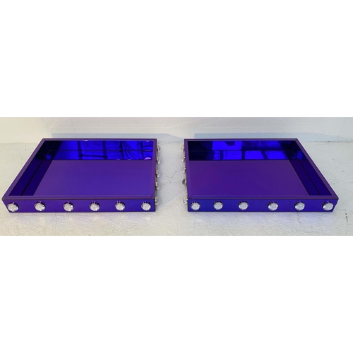 535 - COCKTAILS TRAYS, a pair, 7cm high, 70cm wide, 53cm, electric blue mirrored glass, cabouchon detail. ... 