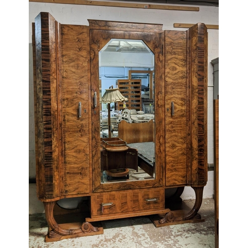 541 - ART DECO WARDROBE, 181cm W x 215cm H x 58cm D, walnut with a mirrored door enclosing hanging rail ab... 