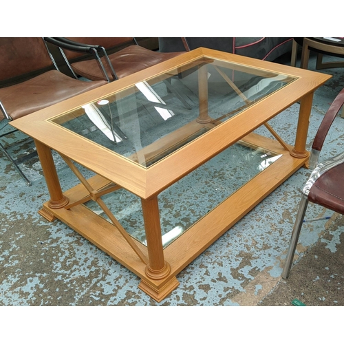 511 - LOW TABLE, 120cm x 80cm x 47cm H. wood and glass with turned columns.