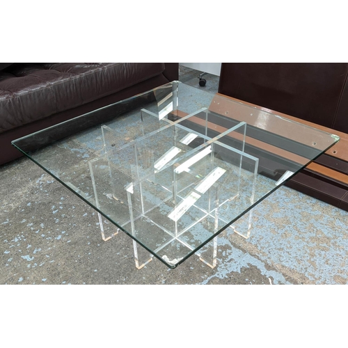 562 - CAREW JONES LOW TABLE, 100cm x 100cm x 45cm H, glass top, lucite base.