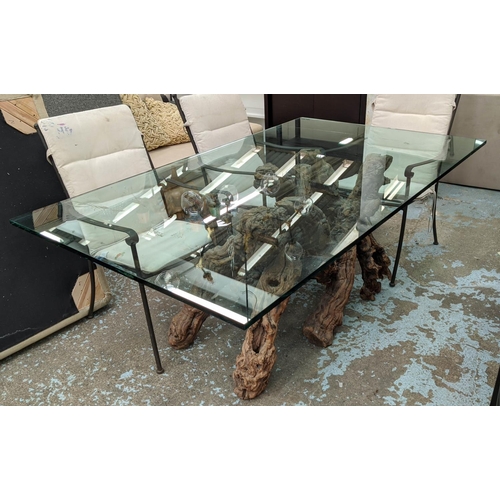 568 - ROOT BASE DINING TABLE, with glass top, 180.5cm x 106.5cm x 73.5cm. (marks to glass)