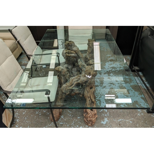 568 - ROOT BASE DINING TABLE, with glass top, 180.5cm x 106.5cm x 73.5cm. (marks to glass)