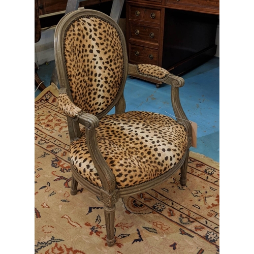 176 - CHILD'S FAUTEUIL, 53cm x 78cm H, Louis XVI and later grey painted leopard print upholstery.